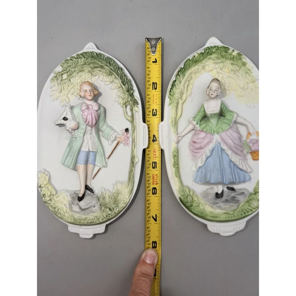 Vintage Chase Occupied Japan Figural Wall Plaques Pair Hand Painted 6.5